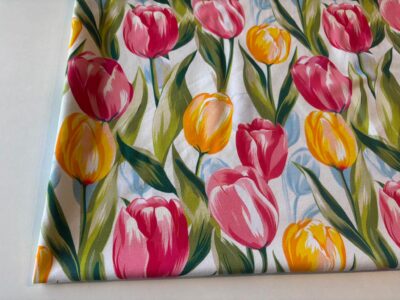 teplákovina elastická, s digitálním potiskem (vzor tulipány)