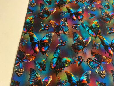 teplákovina elastická, s digitálním potiskem (vzor motýli)